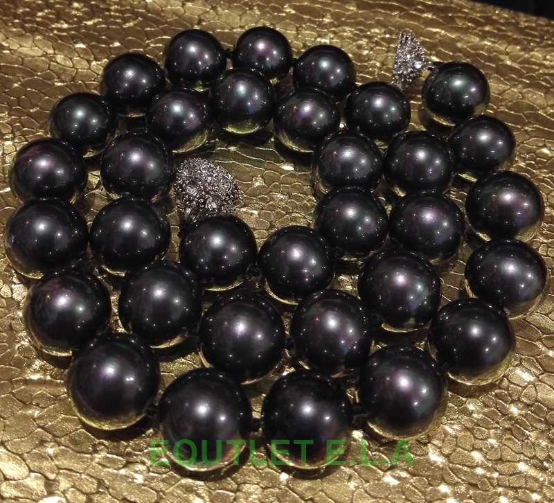 LARGE 12MM BLACK SHELL PEARLS NECKLACE-45cm